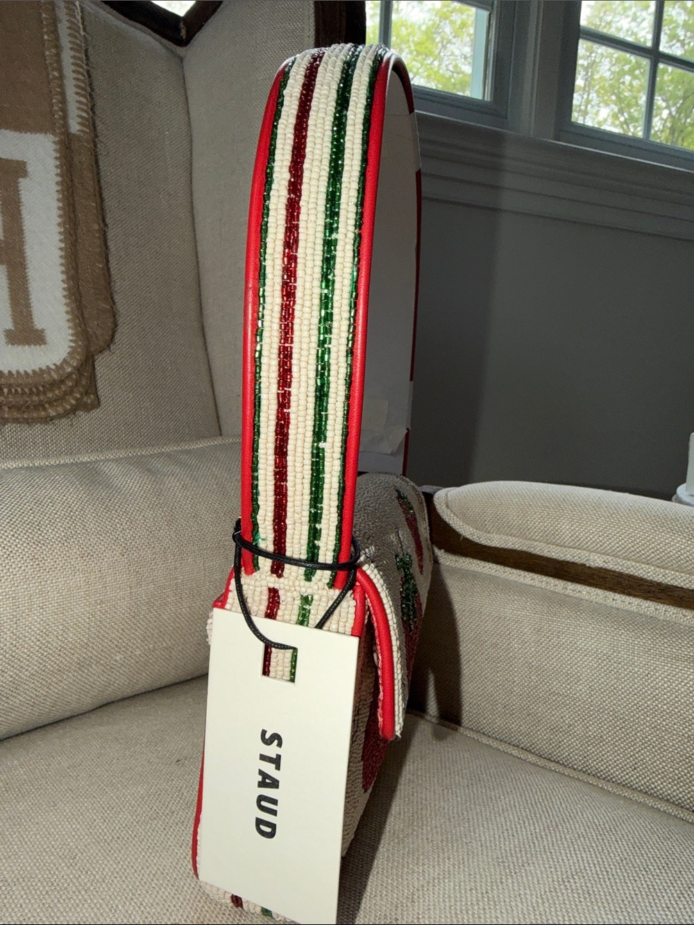 Staud, Beaded Tomato Motif Shoulder Bag - Red/Cream - Picture 3 of 4